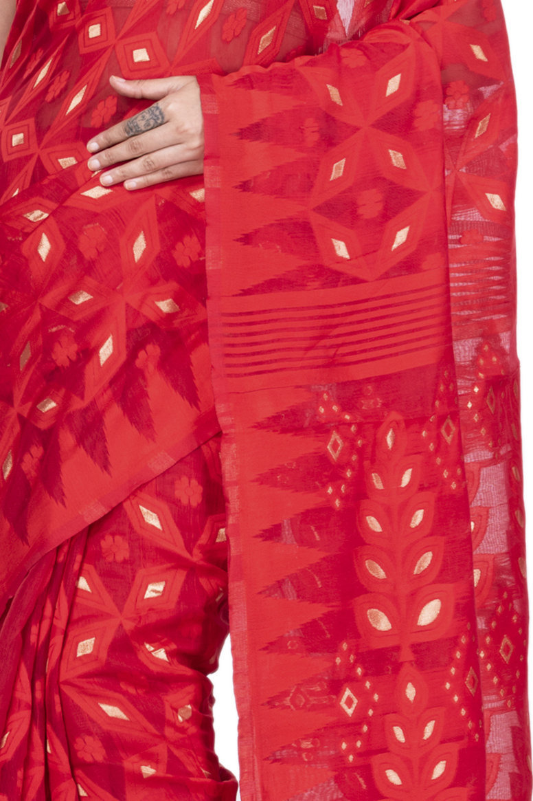 Red Pure Cotton Minakari_Jmdni Jamdani Saree (696)